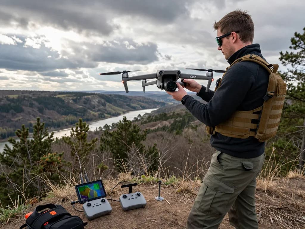 Professional using the dji mavic 3t drone for thermal imaging in a wooded area