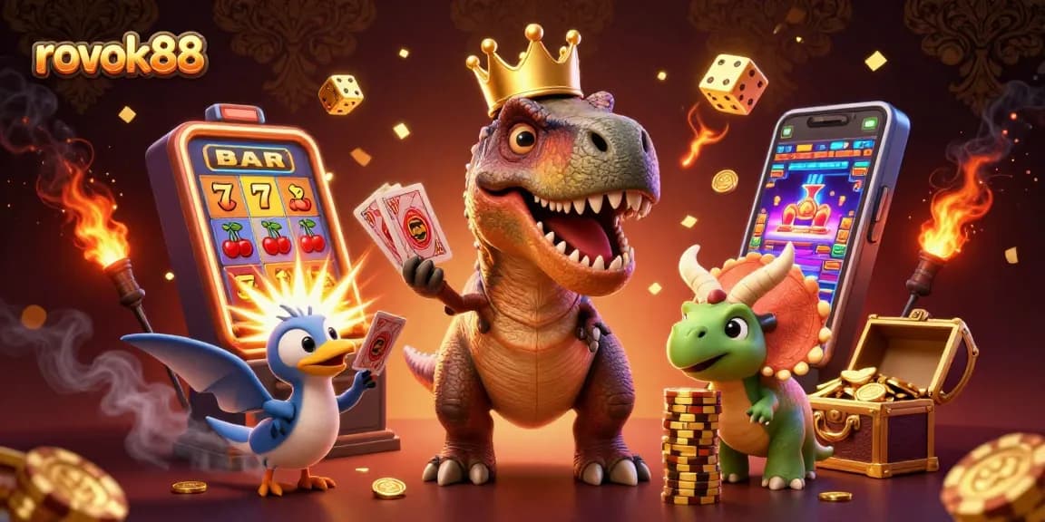 Experience the excitement of rokok88 with a vibrant scene of cartoon dinosaurs shuffling cards and stacking chips