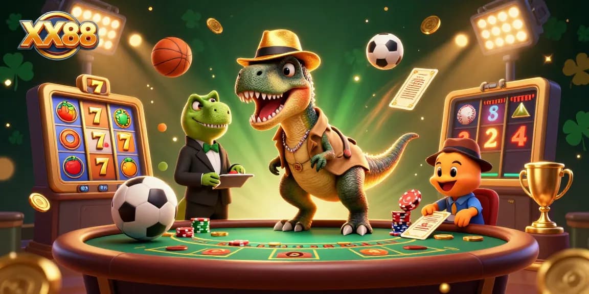 Experience the thrill at XX88 with a 3D velociraptor card counter surrounded by gambling action, showcasing excitement at the blackjack table.