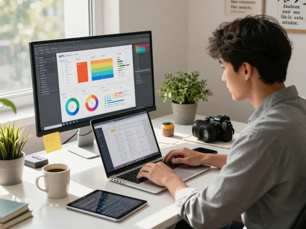 Young professional using WPS 下载 for document editing in a modern workspace filled with plants and tech.