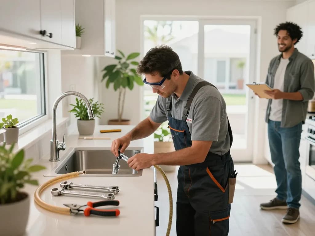 Expert plumbing in Las Vegas: Handyman repairing a kitchen sink, tools neatly arranged, bright atmosphere.