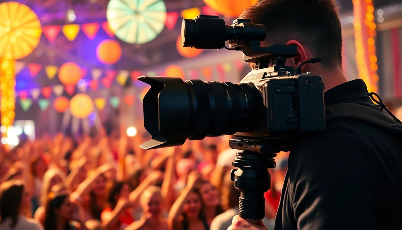 Event videography showcasing a professional capturing a vibrant celebration scene, filled with excitement and joy.