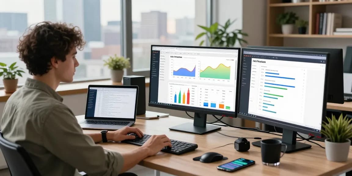 Data analyst managing resi proxies in a modern office, showcasing analytics and performance metrics.