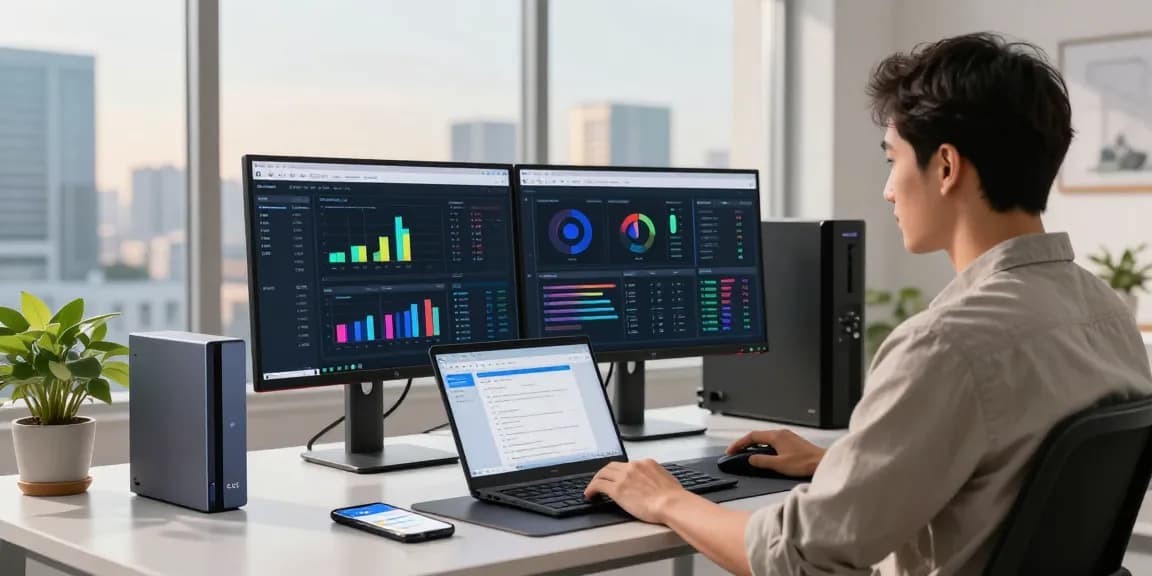 VDS sunucu management scene featuring dual monitors and modern tech setup with a casual system administrator efficiently managing servers.