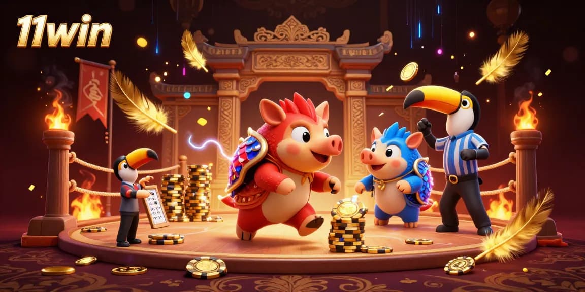 Experience the thrill of 11win as rival pangolins roll through golden poker chips in a vibrant casino arena.