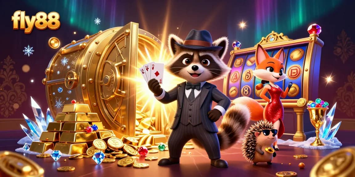 Experience the excitement of fly88 with a raccoon in a poker scene enhanced by vibrant slot elements.