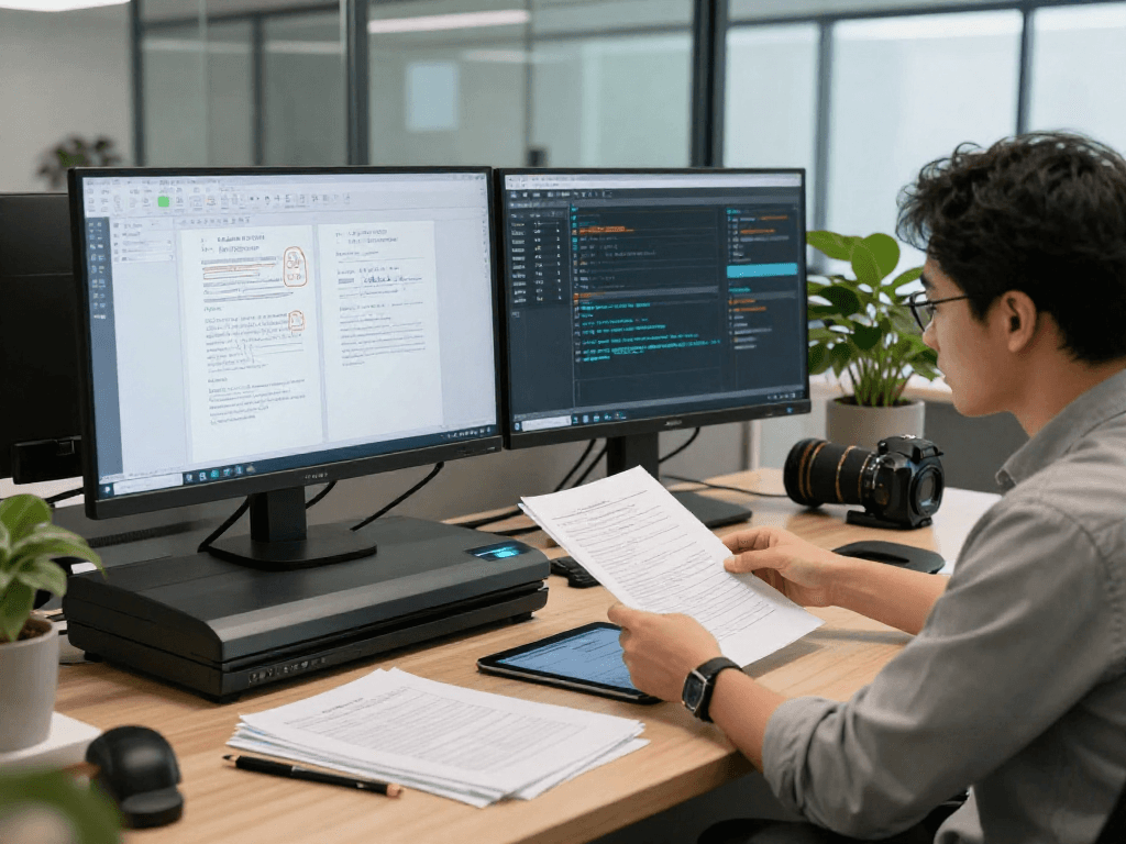 Document fraud detection analyst reviewing digital signatures and validation reports in a modern workspace.