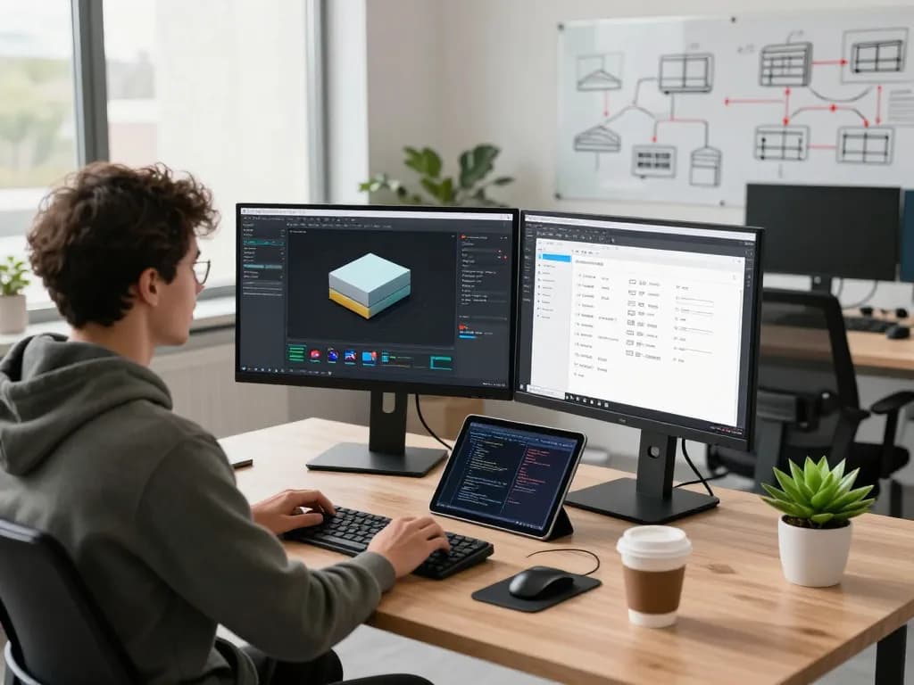 Developer using 3D product configurator software in a modern workspace.