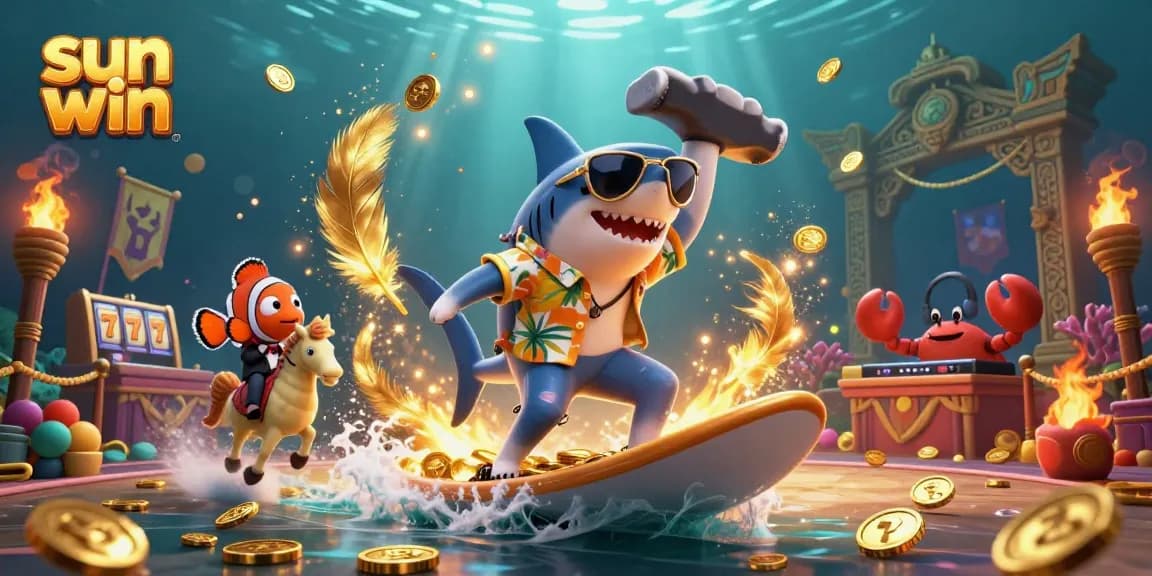 Experience thrilling wins with sun win gaming as the shark, clownfish, and crab DJ celebrate amidst gold coins.