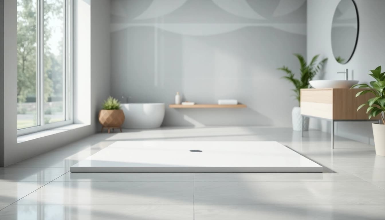 Stylish 800 x 800 shower base showcased in a bright modern bathroom.