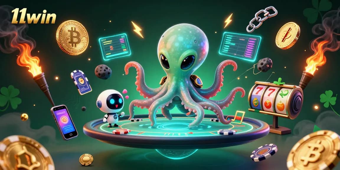 Engage with 11win's vibrant alien octopus poker game featuring crypto coins, holographic displays, and colorful slot elements.