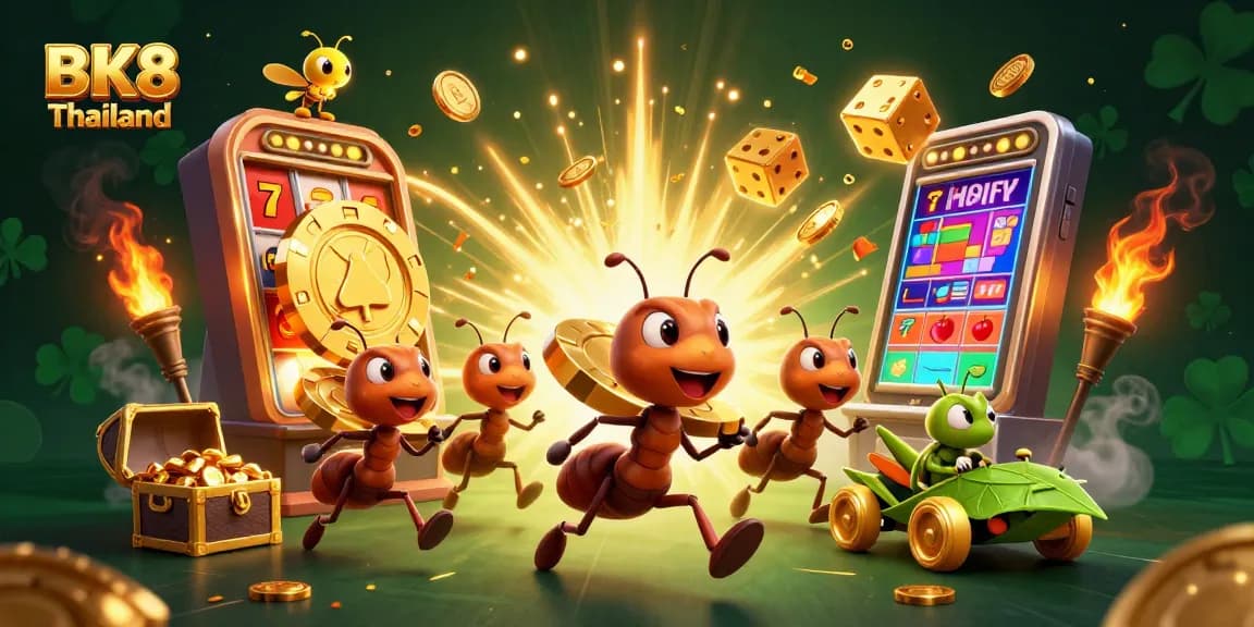 Engage in thrilling play at BK8 Thailand with a vibrant scene of ants carrying a massive poker chip.