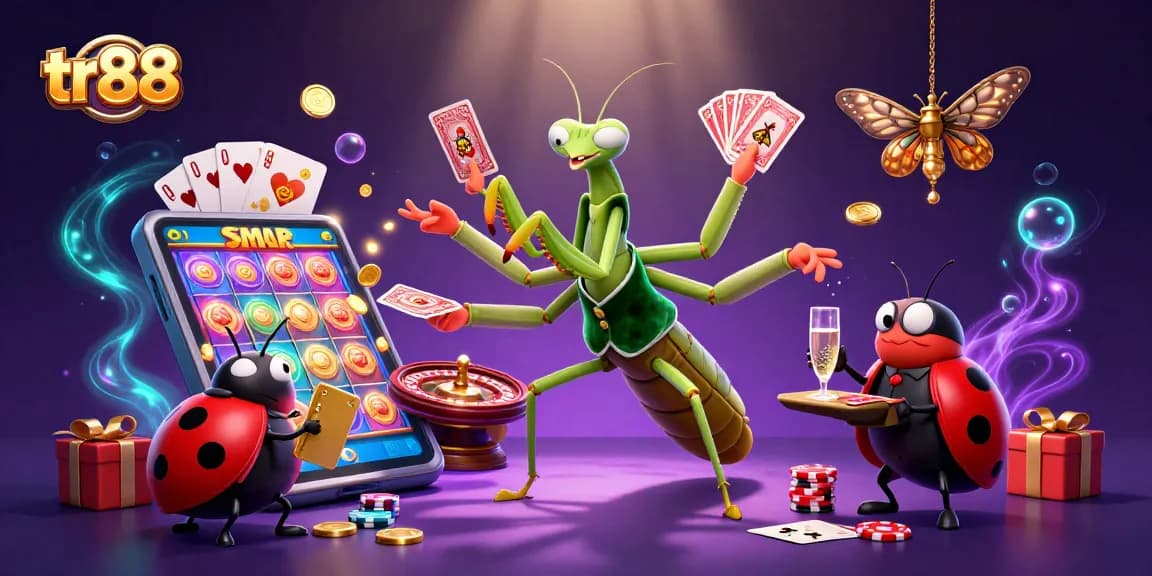 tr88 showcases a giant mantis card sharp and ladybug pit boss in an energetic casino scene with vibrant game elements.