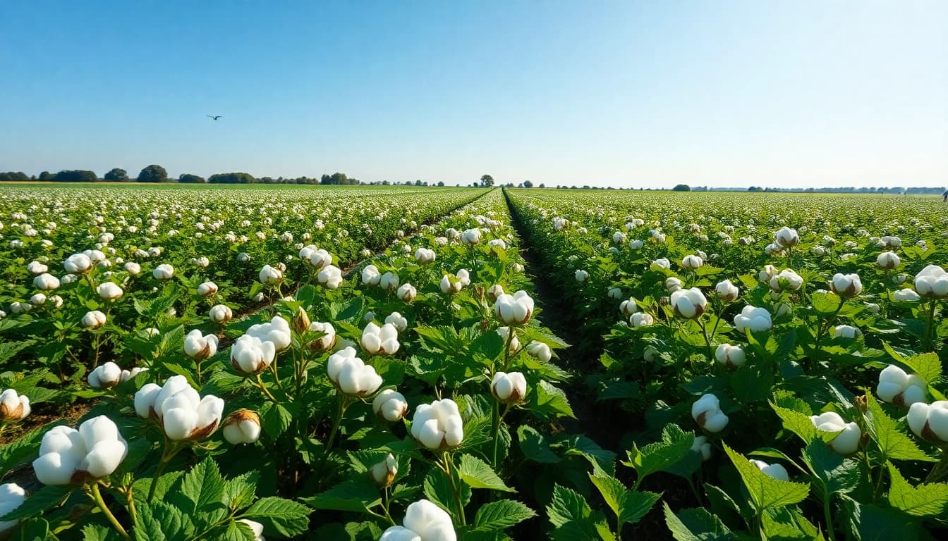 Katoenplanten in een vredig landschap met witte bollen die klaar zijn om te oogsten.