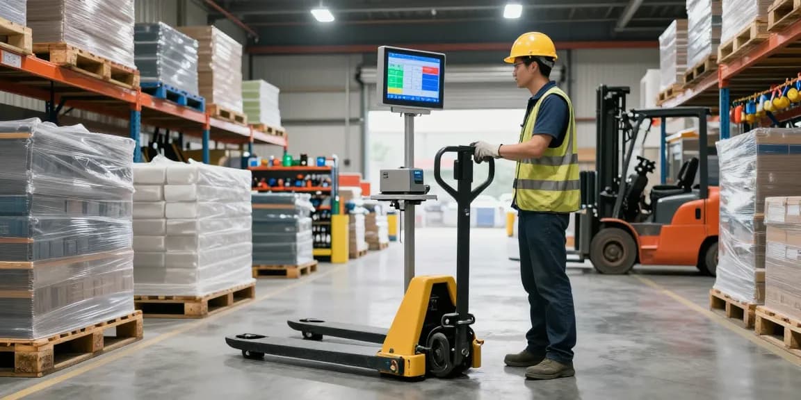 Operator using a manual pallet truck with scale and printer for sale in a busy warehouse environment for efficient inventory management.