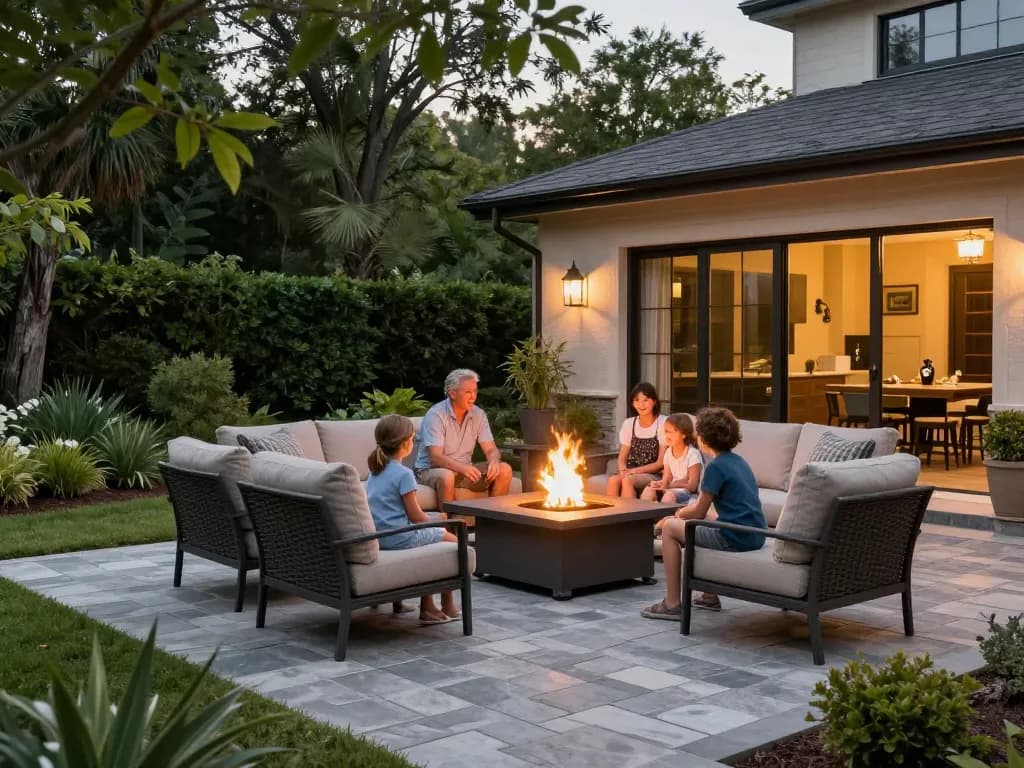 Pavers near me beautifully enhance this cozy outdoor living space, with a stylish patio, fire pit, and family enjoying the evening.