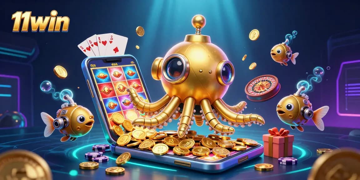 Exciting gameplay at 11win casino shows golden kraken Submarine with slots and coins.