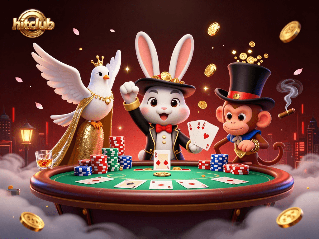 Join the hitclub scene as a magician rabbit reveals golden coins in a vibrant casino setting.