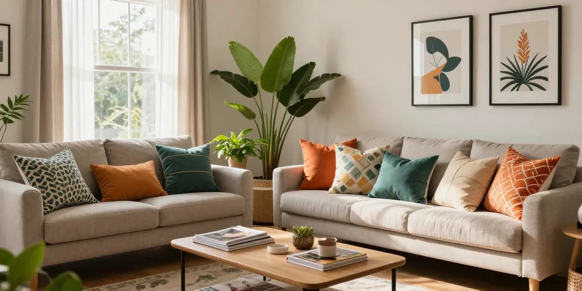 Stylish living room decor emphasizes modern style with vibrant pillows and artwork.