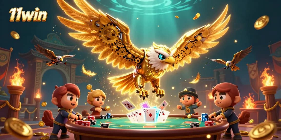 Join the thrill with 11win's immersive poker scene featuring a winning hand and dynamic visuals.