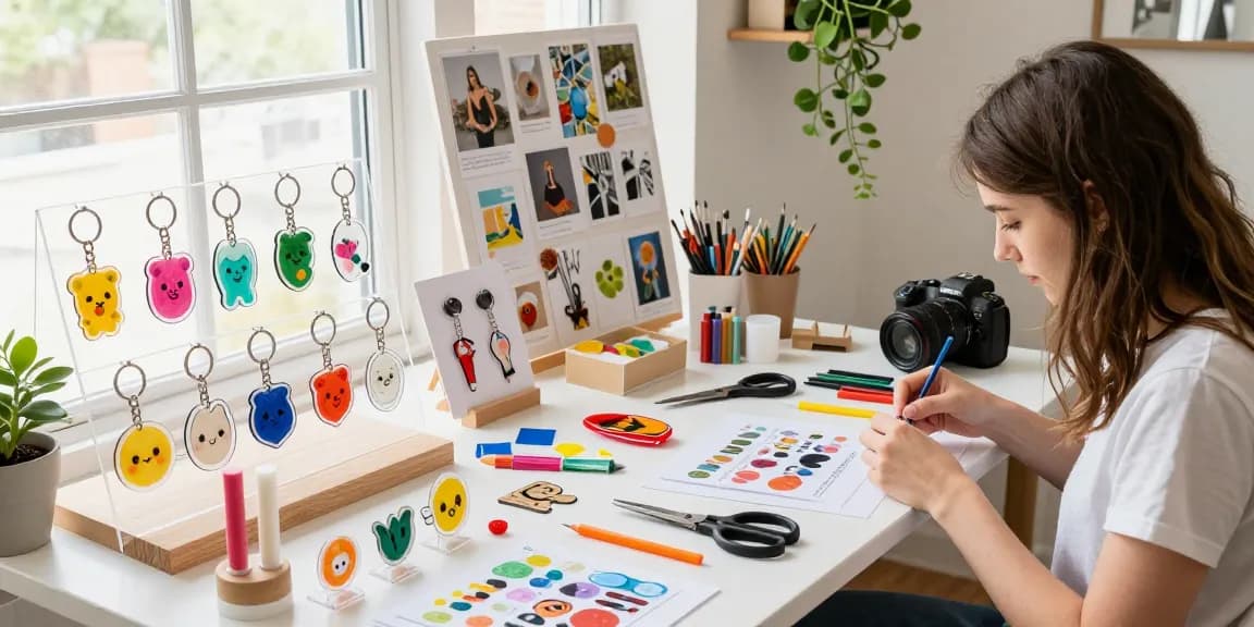 Colorful display of custom acrylic keychains being crafted in a bright workspace