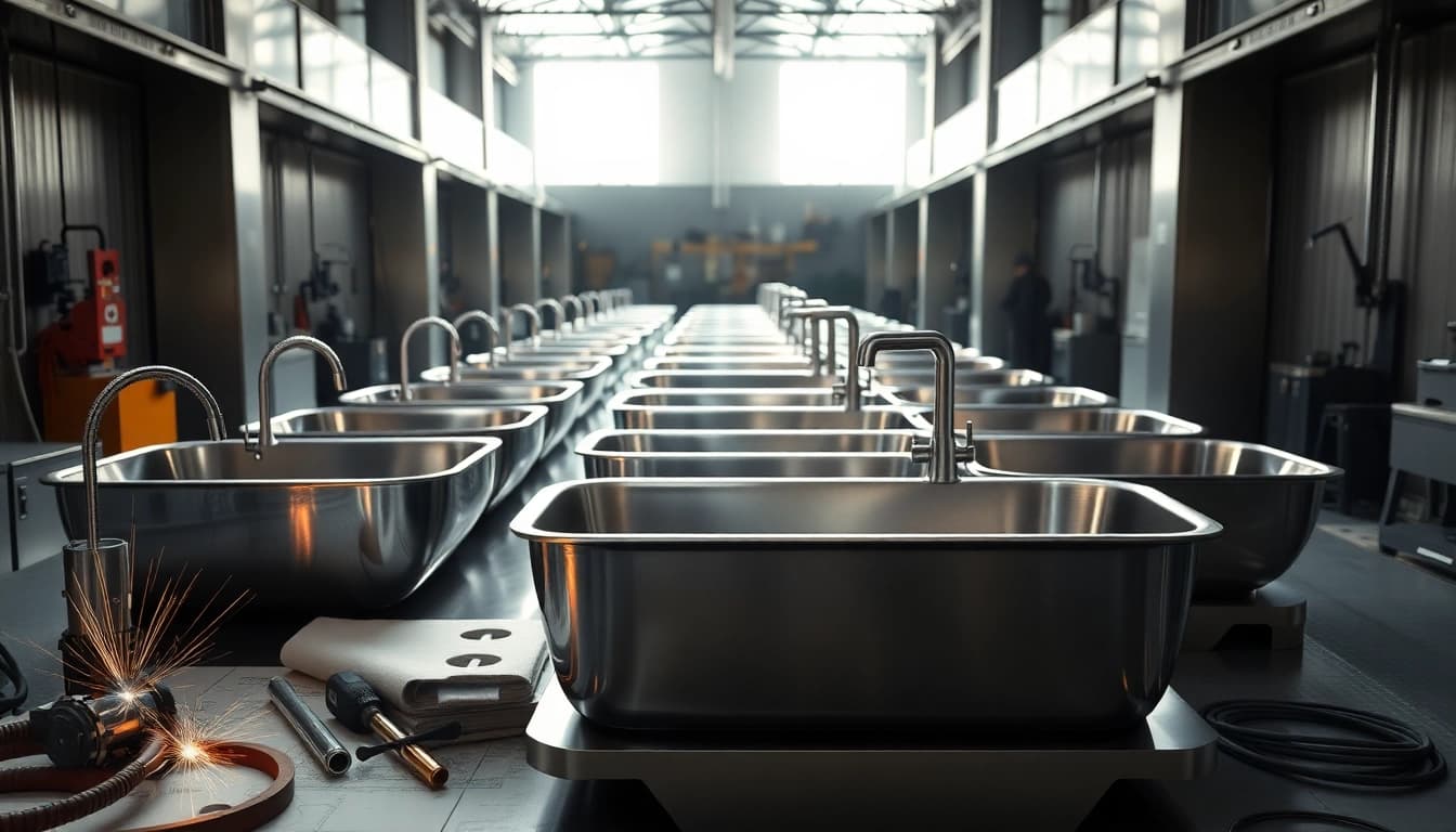 Showcasing the stainless steel basin factory with crafted basins and industrial tools.