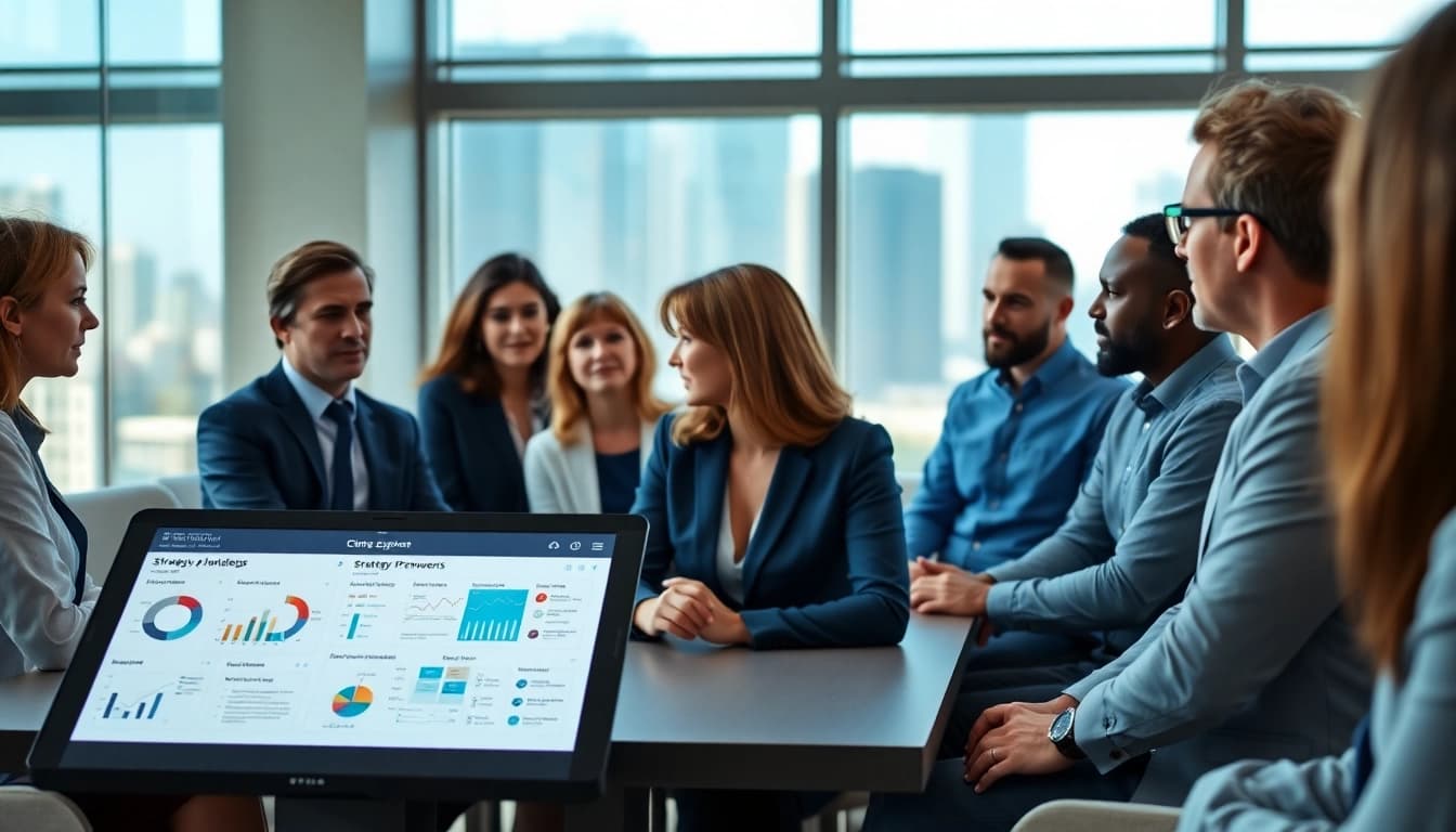 Engaged team discussing Strategy Capture Management in a collaborative workspace.