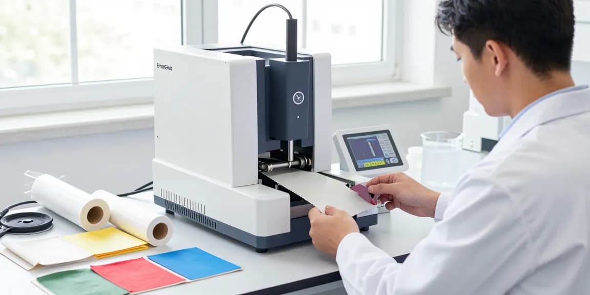 Technician operating the ElmenGuide tear tester to measure tearing strength of fabric, showcasing advanced textile testing technology.