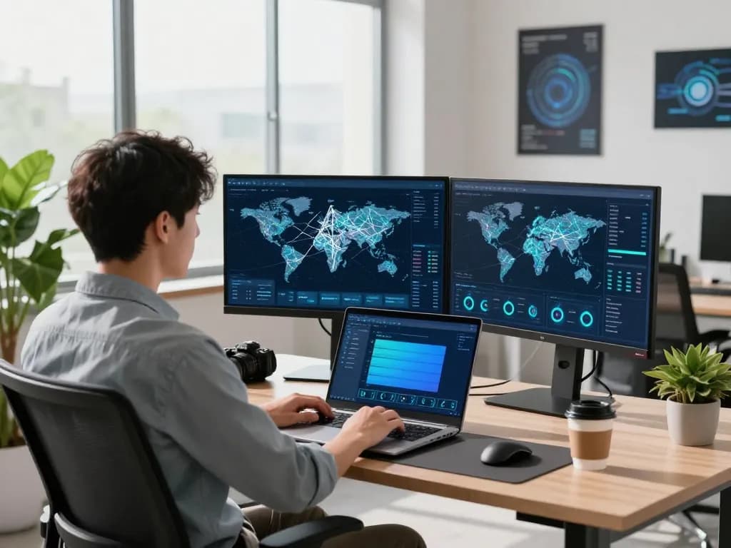 快连 network optimization with a user analyzing global speed metrics in a modern tech workspace.