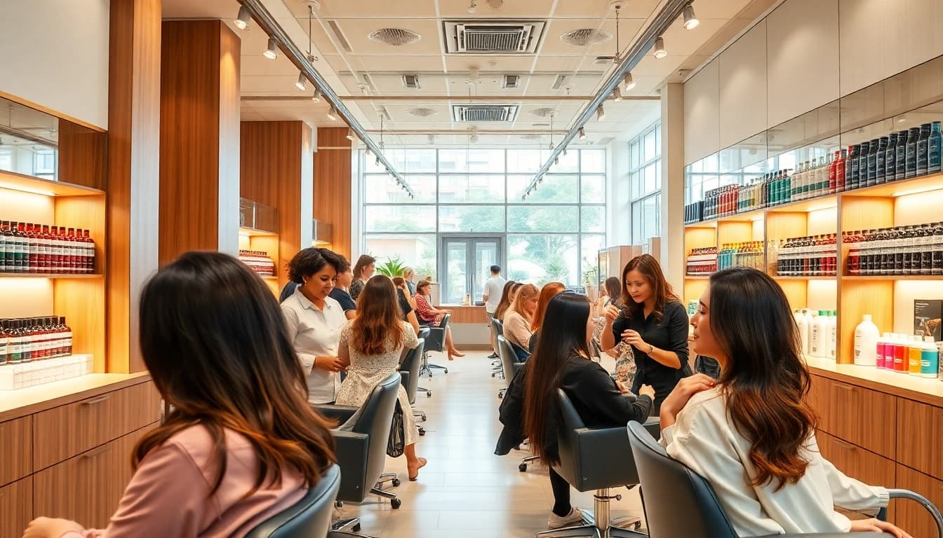Salon de cabelo showcasing stylists and clients in a vibrant, inviting atmosphere.