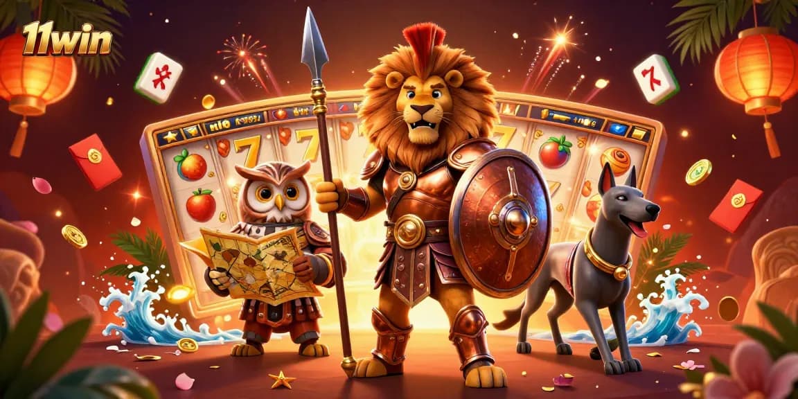 11win casino illustration showcasing a Spartan lion, an owl strategist, and a greyhound in a vibrant gaming atmosphere.
