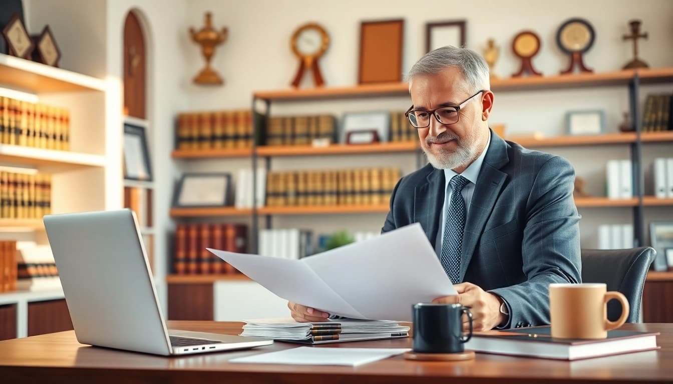 clearwater truck accident lawyer advising a client in a warm office setting with legal documents.