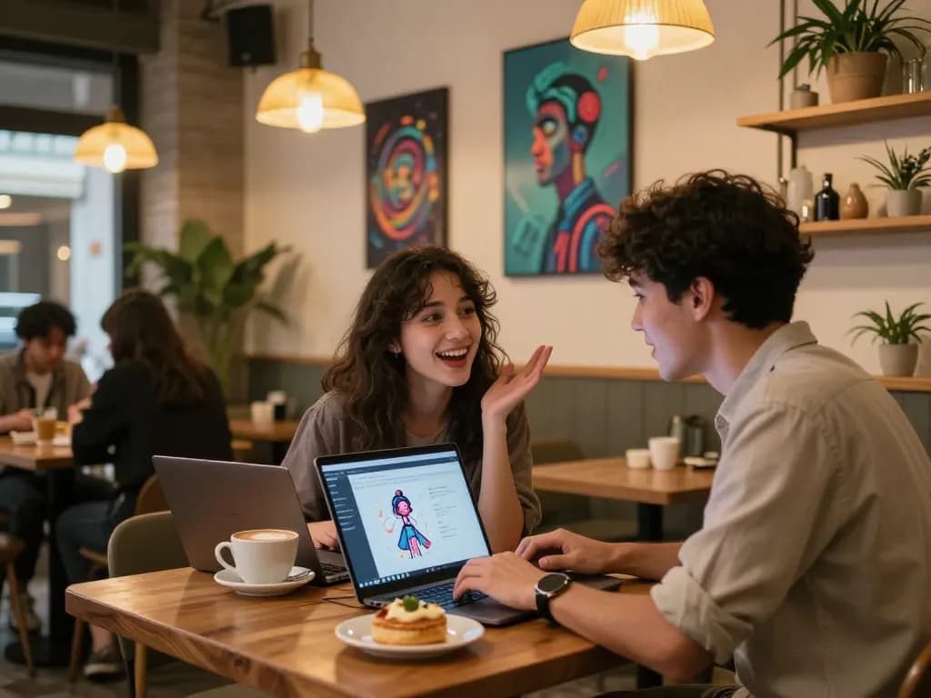 Couple enjoying free AI sex chat in a cozy café setting, with laptops open and playful interaction.