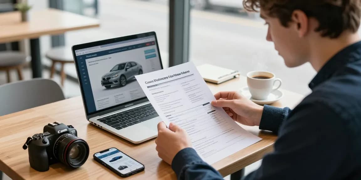 Young car buyer reviewing a car history check UK report in a café, showcasing vehicle insights.