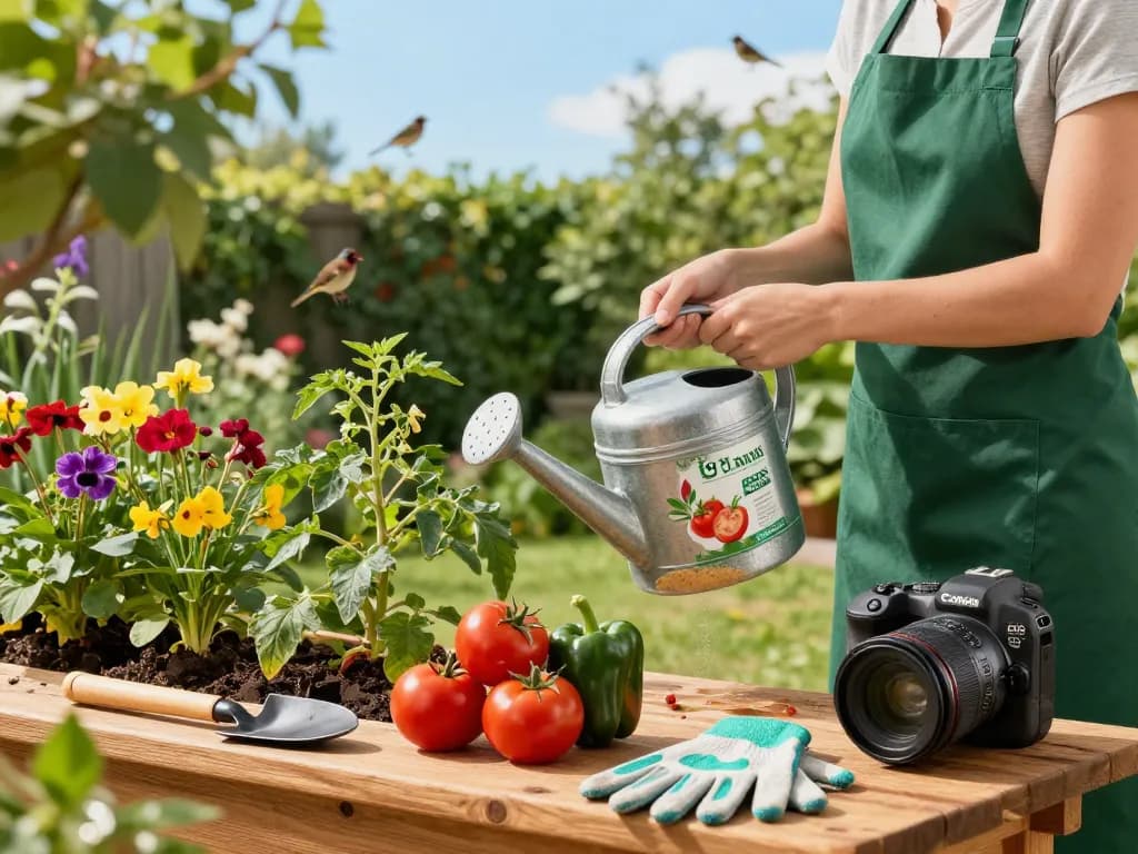 Nutriendo plantas con fertilizante La Selva Organics en un jardín vibrante.