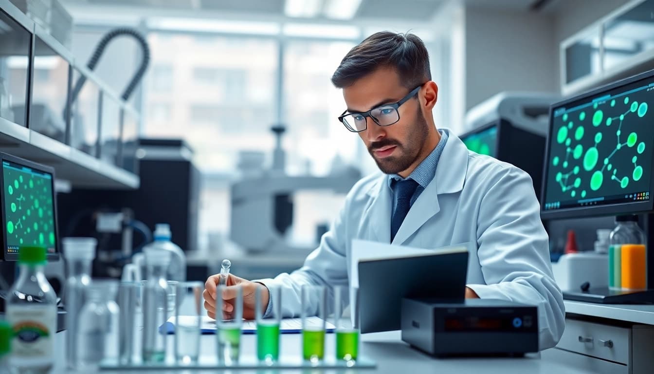 Scientist studying Retatrutide in a modern lab, surrounded by advanced research tools.