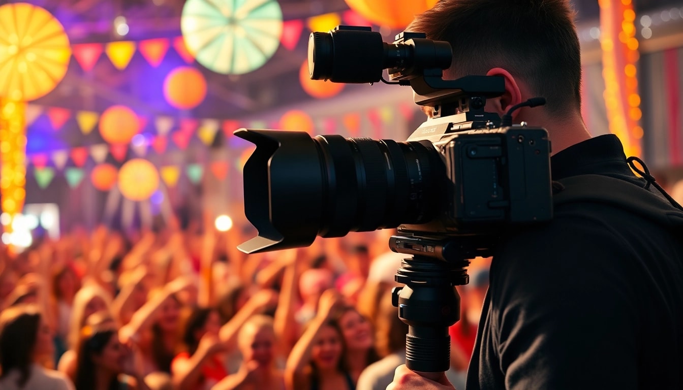 Event videography showcasing a professional capturing a vibrant celebration scene, filled with excitement and joy.