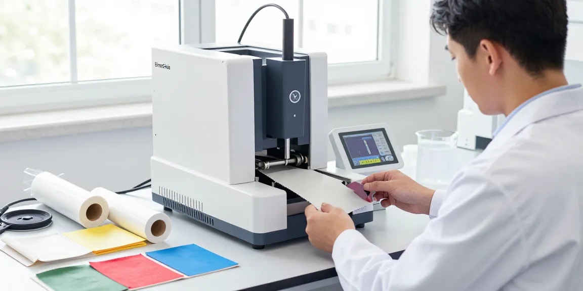 Technician operating the ElmenGuide tear tester to measure tearing strength of fabric, showcasing advanced textile testing technology.