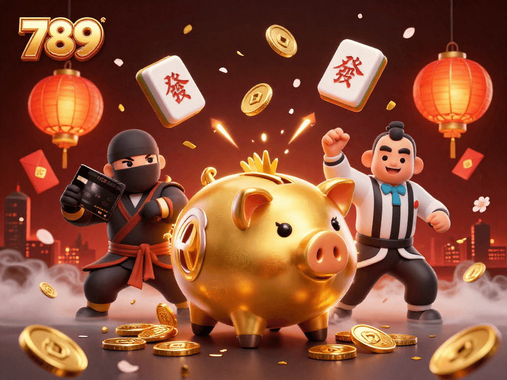 Winning strategies with the 789 golden piggy bank character amidst festive casino elements.