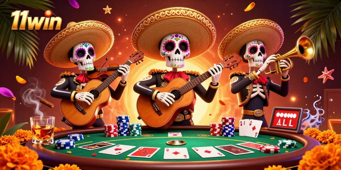 Experience thrilling gameplay and vibrant scenes with 11win, showcasing a mariachi band at a poker table.