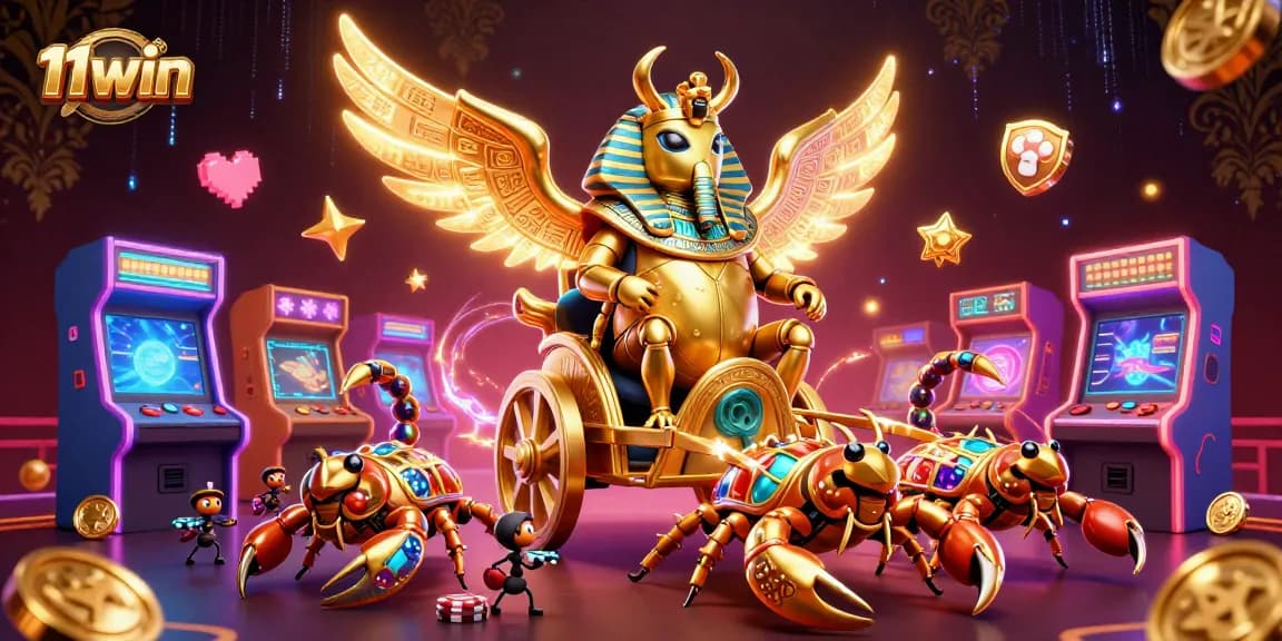 Experience thrilling gameplay with 11win's vibrant scene of a golden scarab and scorpions.