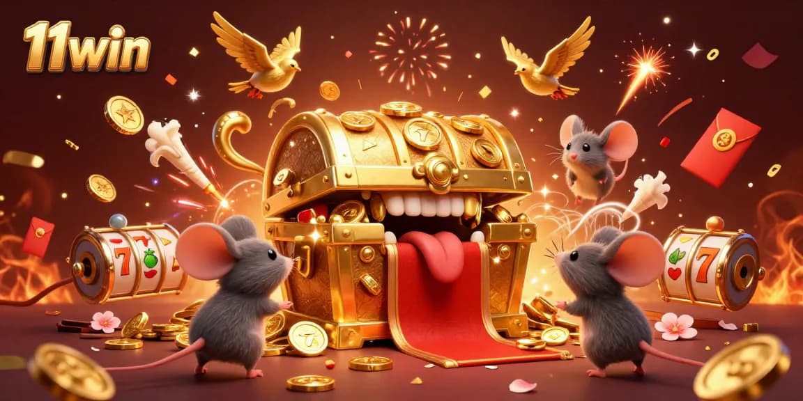 Engage with the vibrant 11win casino world featuring golden treasure and animated mice.