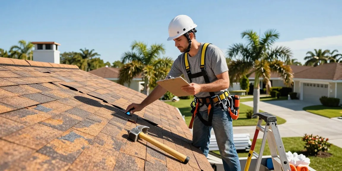 Roof inspection in Tampa by a professional roofer at https://avatarroofing.com/residential-roofing-tampa/, showcasing tools and safety gear.