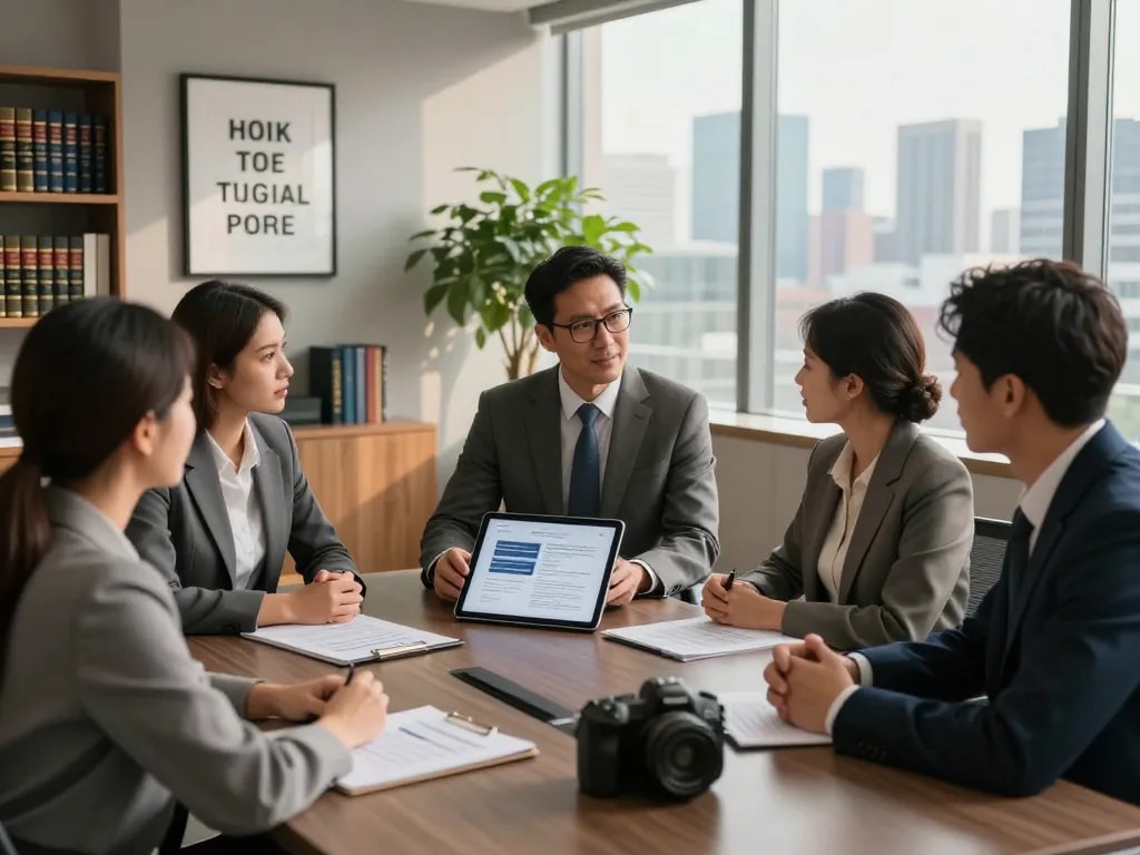 Corporate lawyer Aurora Ontario consulting with clients in modern office setting, showcasing professionalism and expertise.
