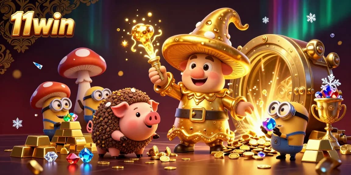 Engage with the magical treasures at 11win in this vibrant casino-themed 3D illustration.