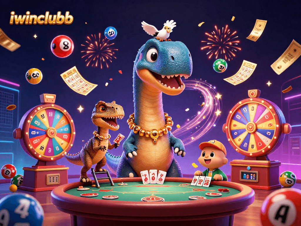 iwinclubb showcases an exciting 3D casino scene with vibrant lottery elements and playful dinosaurs.