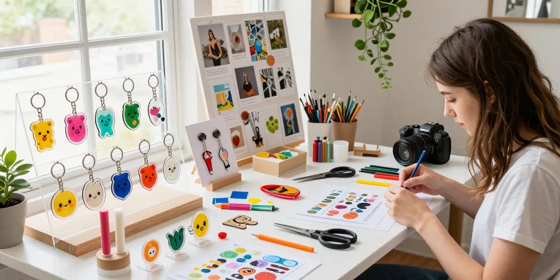 Colorful display of custom acrylic keychains being crafted in a bright workspace