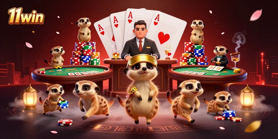 Experience thrilling gaming action at 11win casino with playful meerkats managing a vibrant poker scene.