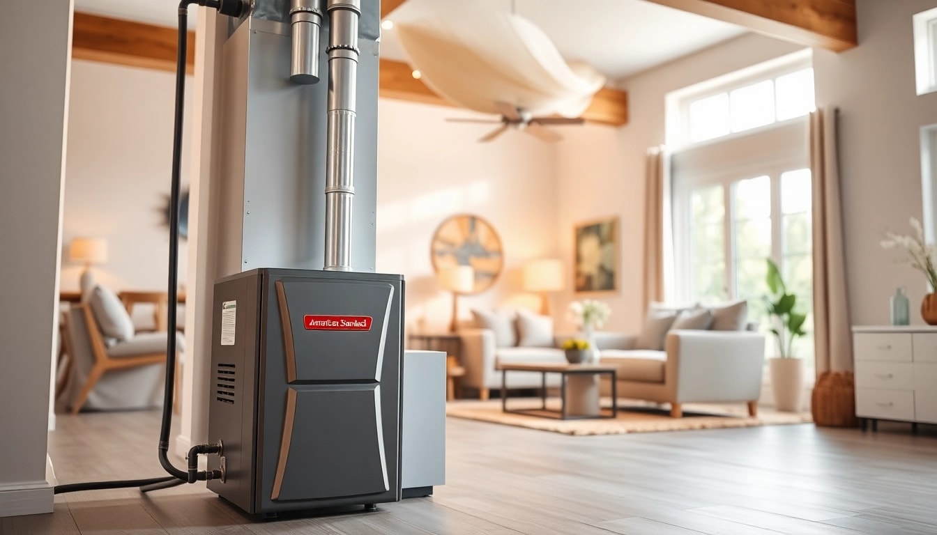Showcase an American Standard furnace installed professionally in a cozy, modern home environment.
