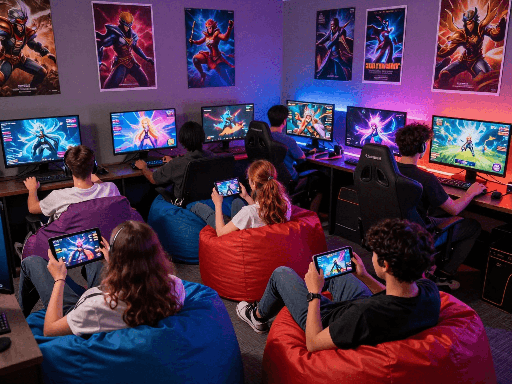 Gamers enjoying online sex games on various devices in a vibrant gaming environment.
